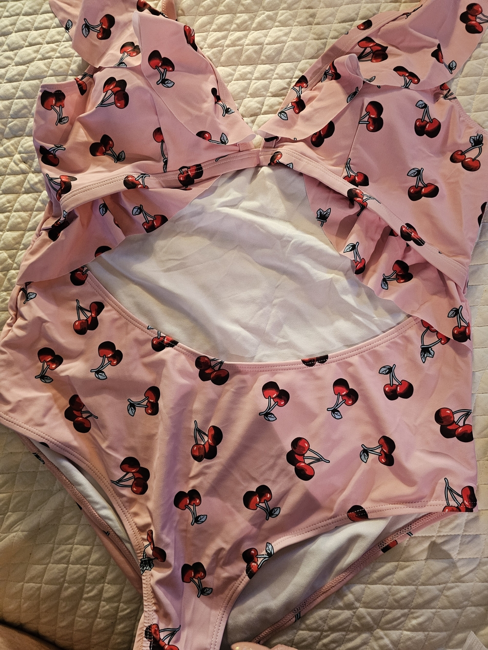 SHEIN Pink One-Piece Swimsuit with Red Cherry Print